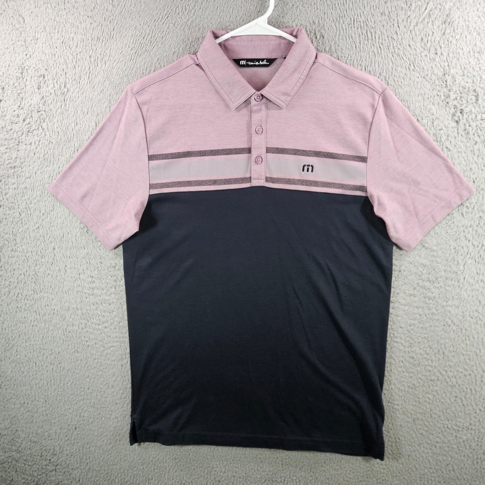 Travis Mathew Mens Colorblock Polo Shirt Pink Navy Blue Striped Golf Size M